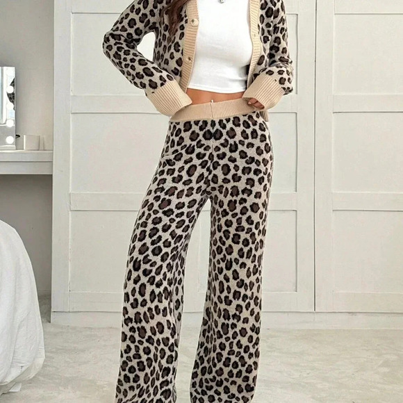 Multicolor Casual Women's Knit Sweater & Wide Leg Leopard Print Pants Set - Picture 3 of 7